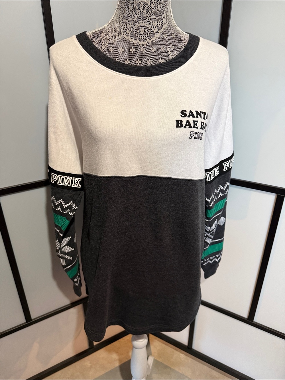 PINK Victoria's Secret White, Charcoal & Green Colorblock Crew Sweatshirt